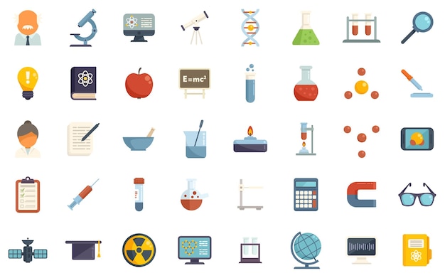 Vector research scientist icons set flat vector lab formula