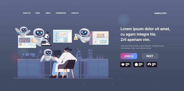 Ricercatore con assistenti robot che lavorano con ricercatori in provetta che effettuano esperimenti chimici