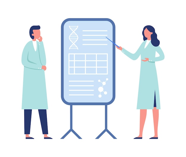 Vector research scientist working together. woman in coat pointing to board with dna genetic code, molecules. man listening to information, laboratory medical specialists vector illustration