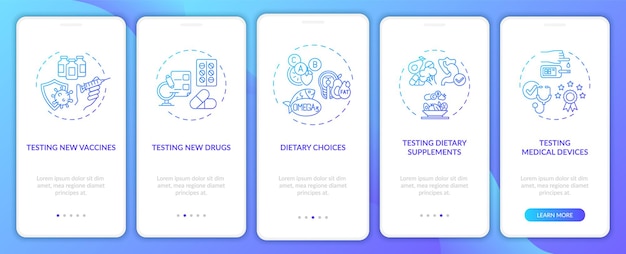 Research studies onboarding mobile app page screen with concepts. medical devices testing walkthrough 5 steps graphic instructions. ui, ux, gui template with linear color illustrations