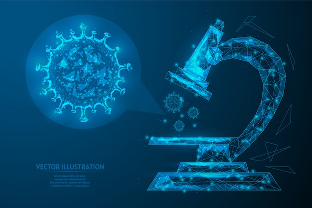 Ricerca, studio di un'infezione virale di un coronavirus covid-19 al microscopio. attrezzatura da laboratorio. preparare una medicina. tecnologia innovativa. illustrazione di modello poli wireframe basso 3d.