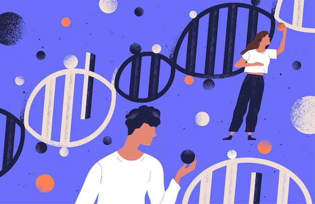 Dna 분자 평면 그림을 들고 연구원. 남자와 여자는 유전 공학 만화 캐릭터를 연구합니다. 게놈 돌연변이