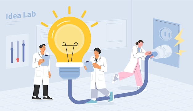 Researchers in the lab analyze and light a giant light bulb. flat vector illustration.