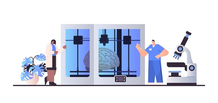 Vector researchers prints brain model on 3d bio printer medical printing of human transplantation organ biological engineering bioprinting concept horizontal vector illustration