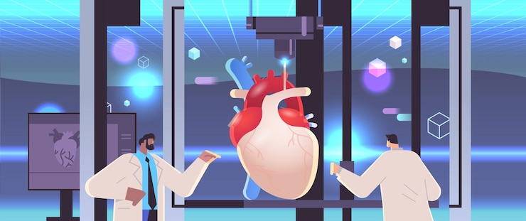 Vector researchers prints heart model on 3d bio printer medical printing of human transplantation organ biological engineering bioprinting concept horizontal vector illustration