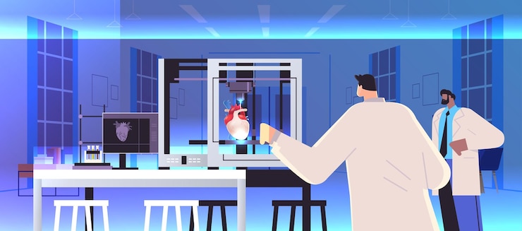 Vector researchers prints heart model on 3d bio printer medical printing of human transplantation organ biological engineering bioprinting concept horizontal vector illustration