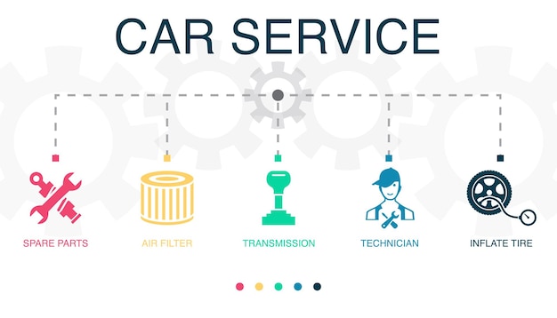 Vector reserveonderdelen luchtfilter transmissie technicus bandenpictogrammen oppompen infographic ontwerpsjabloon creatief concept met 5 stappen