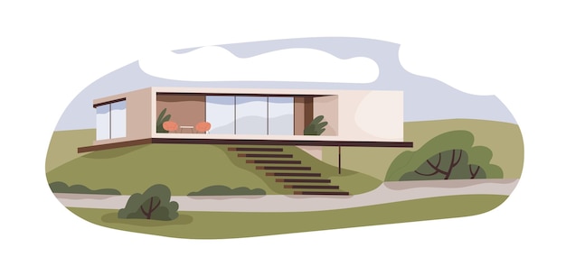 Residential building exterior. Modern suburban house outdoors. Glass, wood and concrete villa with terrace in nature. Contemporary one-story home. Flat vector illustration isolated on white background