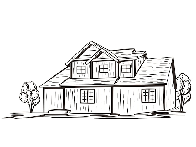 Vettore edificio residenziale incisione a mano oggetto isolato cottage di campagna schizzo nero su sfondo bianco