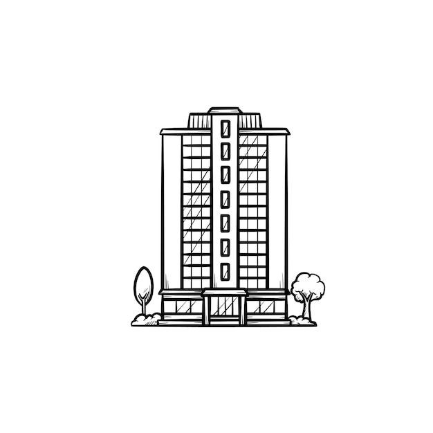 Residential building with trees hand drawn outline doodle icon. Accommodation real estate and rent concept. Vector sketch illustration for print, web, mobile and infographics on white background.