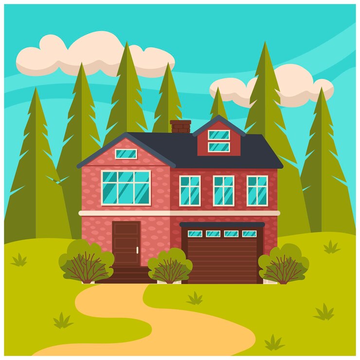 Vector residential house in the forest sky and trees in the background summer or spring season vector