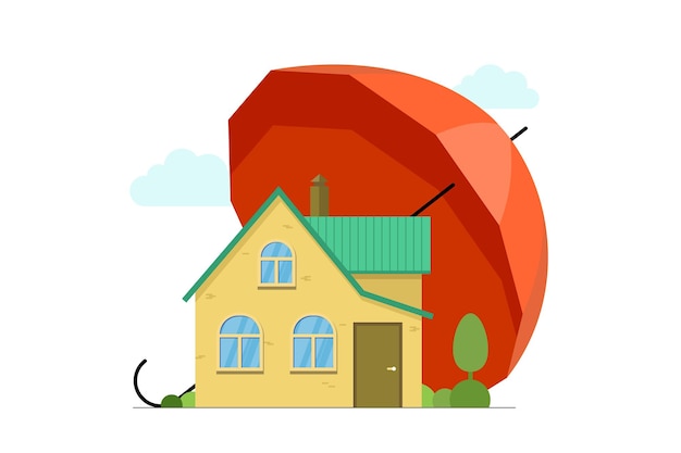 Страхование и защита жилой недвижимости и жилых помещений с помощью концепции баннера зонтика и дома. Векторная иллюстрация