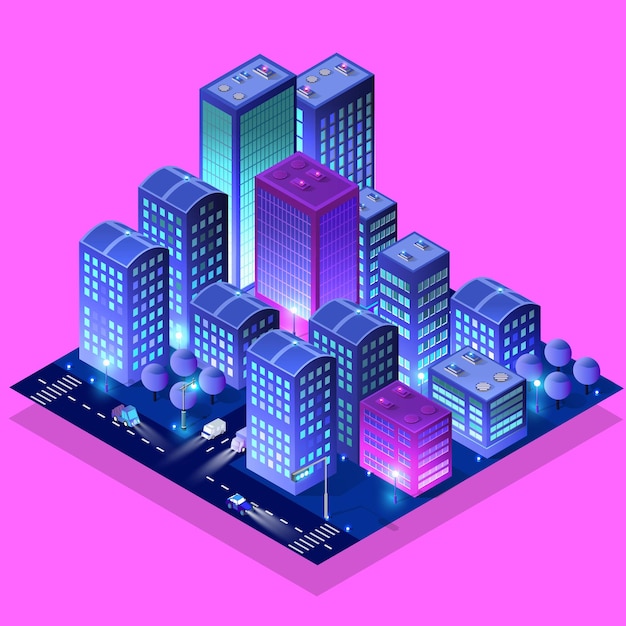 Vector residential town night city urban 3d illustration of neon ultraviolet