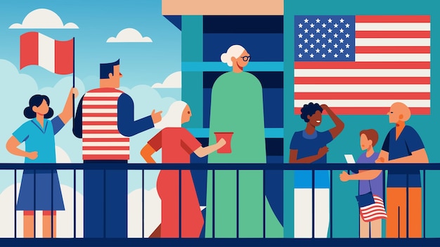 Vector residents of all ages gather on their balconies to admire the sight of american flags waving in