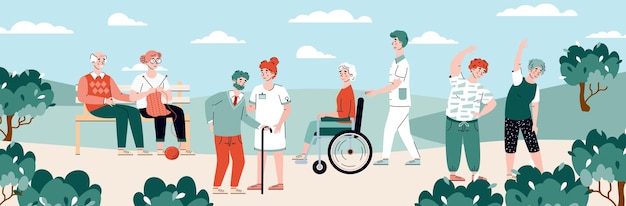 Residents of nursing home at walk and leisure cartoon vector illustration