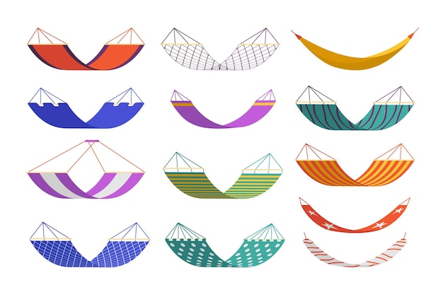 Resort hammock Outdoor relax time Recreational fabric objects and hanging couches Beach or garden summer beds Camping swings Suspended cloth Vector picnic canvas furniture set