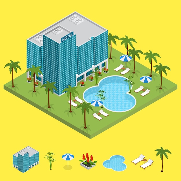 Resort Hotel Building Isometric View Vector