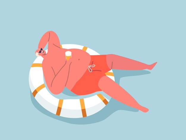 Resort o hotel relax in piscina felice personaggio maschile rilassarsi e galleggiare nell'oceano o nel mare durante le vacanze
