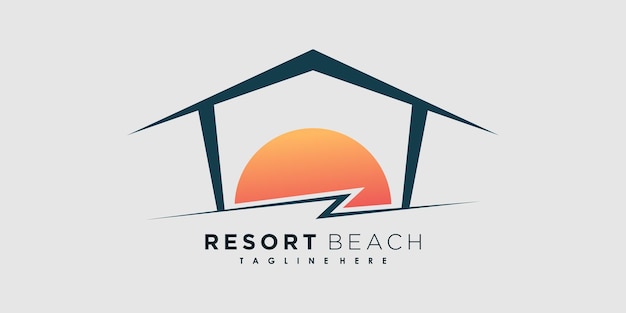 Resort strand logo ontwerp vector met pictogram palm creatief concept