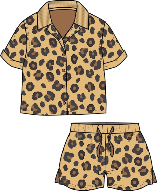 Resort wear pajama set shirt and short leopard skin pattern vector