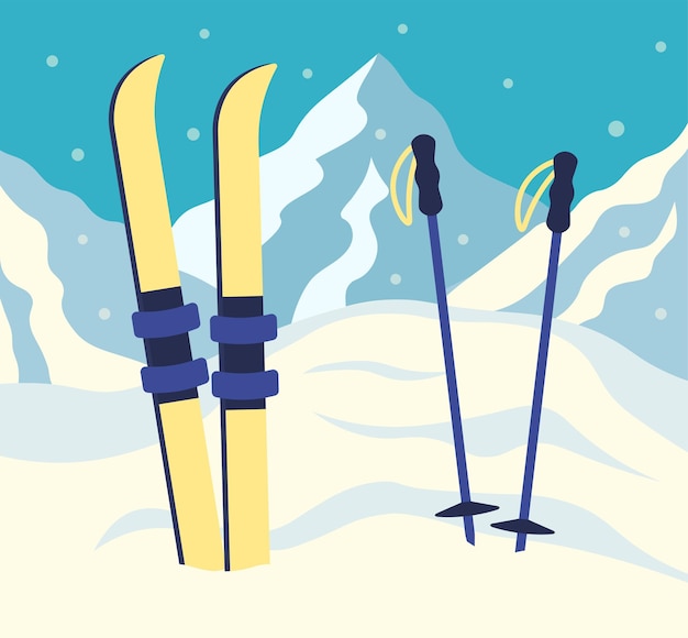 Resort With Pair Of Skis In The Mountains Sport Concept Vector Illustration In Flat Style