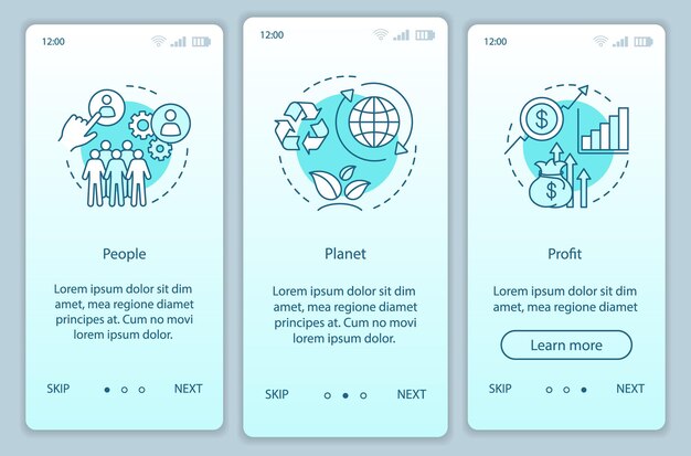 Resource management onboarding mobile app page screen template. People, planet and profit walkthrough website steps. Triple bottom line. TBL. Business conception. UX, UI, GUI smartphone interface