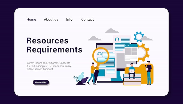 Resources requirements landing page template, flat design illustration