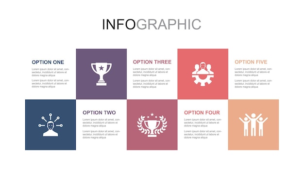 Responsabilità risultato ricompensa icone di successo del lavoro di squadra modello di layout di progettazione infografica concetto di presentazione creativa con 5 passaggi