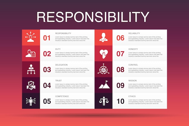 책임 인포그래픽 10가지 옵션 Template.delegation, 정직, 신뢰성, 신뢰