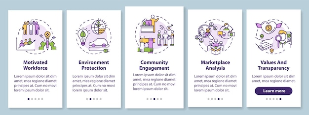 Responsible business onboarding mobile app page screen with concepts. Sustainable production walkthrough  steps graphic instructions. UI  template with RGB color illustrations