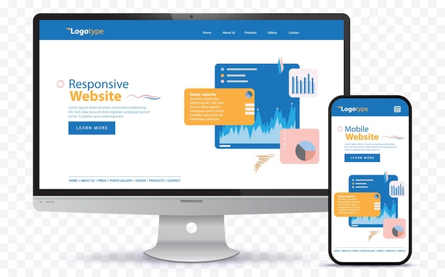 Responsief webontwerp met desktop-scherm en vectorillustratie voor mobiele telefoons