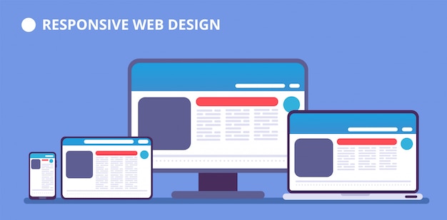 Responsieve website. Webpagina op verschillende apparaten. Tablet en telefoon, laptop en computer display met webdesign. Vector illustratie