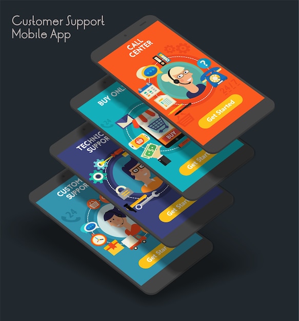 responsive Customer Service UI mobile app splash screens template with trendy illustrations