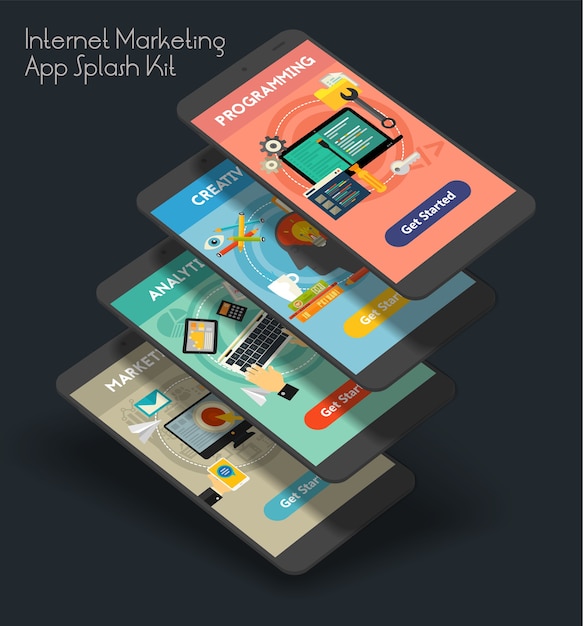 Responsive internet marketing ui mobile app splash screens template with trendy illustrations