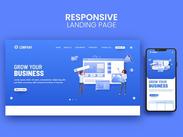 Responsive Landing Page Design With Employees Working Together For Grow Business Concept.