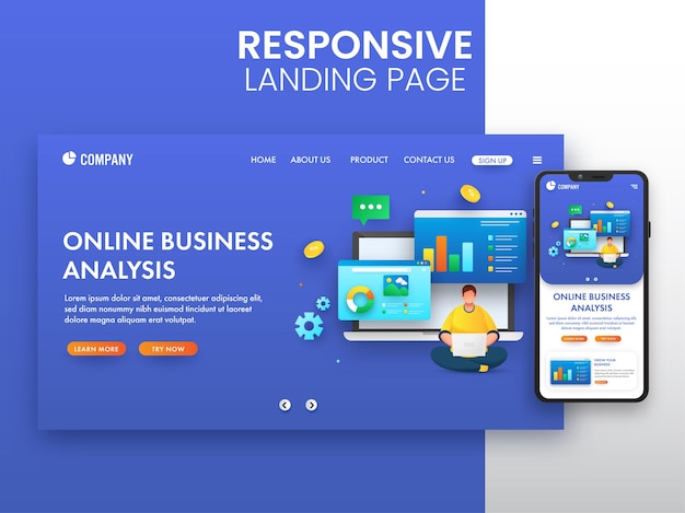 Responsive landing page design with smartphone for online business analysis concept.