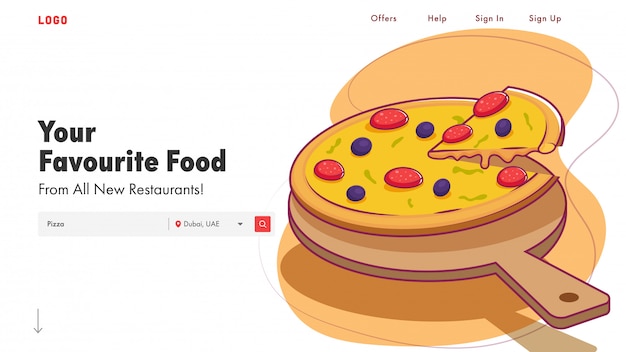 Responsive landing page  with presented delicious pizza illustration for restaurant.