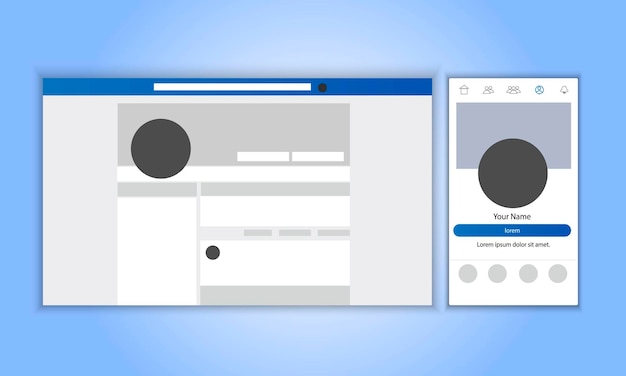ベクトル レスポンシブプロファイルページのデザイン。スマートフォンとデスクトップの同じアカウント。
