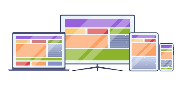 レスポンシブ ウェブ ビジネス サイト ページ テンプレート アダプティブ デザイン さまざまなガジェット 画面の視覚化 コンピューター デスクトップ スマートフォン ラップトップ レイアウト 派手なベクター セット