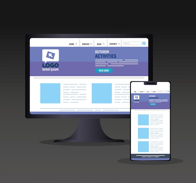 Vector responsive web, concept website-ontwikkeling in desktopcomputer en smartphone