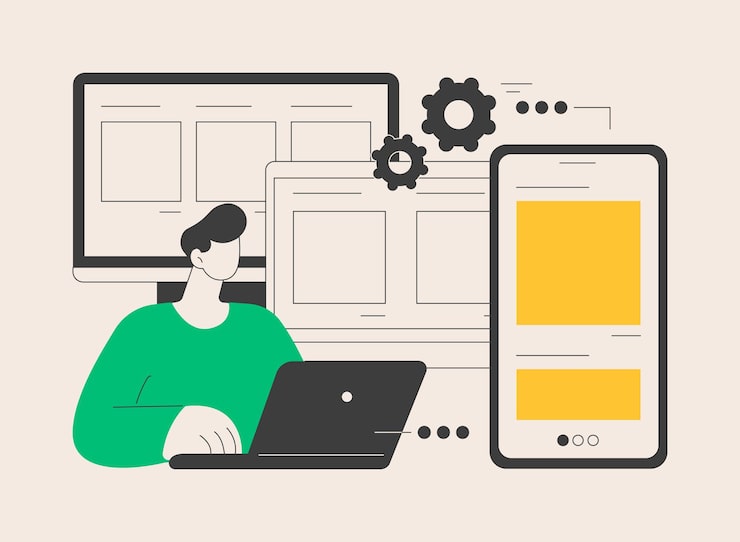 Vector responsive web design abstract concept vector illustration website frontend development all screens ui and ux web page mobile version flexible grid and layout css media query abstract metaphor