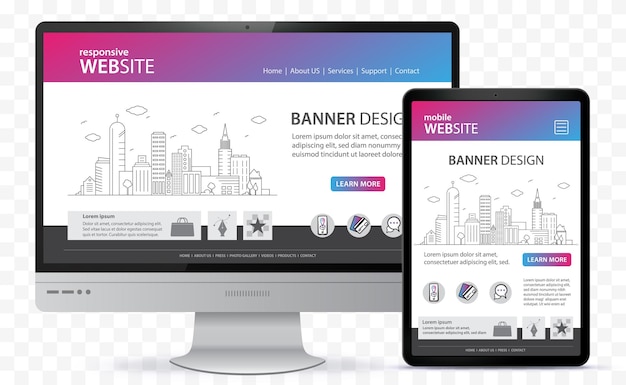 Вектор Отзывчивый дизайн веб-сайта с векторной иллюстрацией экрана настольного компьютера и планшета
