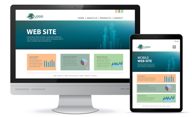 デスクトップコンピューターの画面とタブレットコンピューターのイラストを使用したレスポンシブウェブサイトのデザイン