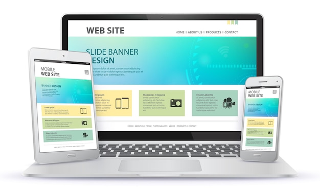 Vector responsive website design with laptop computer mobile phone and tablet pc  screen   illustration