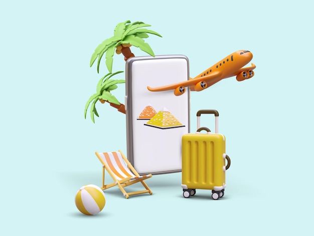 Отдых за границей реклама телефонного приложения для выбора тура отдых в египте приятный отдых интересные экскурсии спорт шаблон с 3d самолет смартфон пирамиды пальмы шар