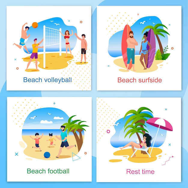 Rest and active time on beach cartoon cards set. volleyball, football, surfside and resting zone. summer vacation and recreation outdoors. vector active people having fun