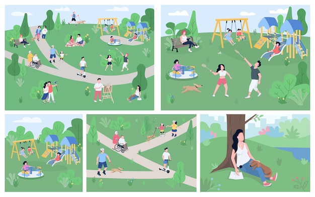 Vector rest in park flat color illustrations set. 2d cartoon characters enjoying open air activities, countryside relax. children playgrounds equipment, recreational national park landscape