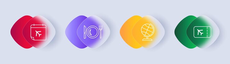 Vector rest set icon travel vacation calendar flight plane time reference landscape hotel globe knife fork plate gradient tourism and wandering concept glassmorphism style