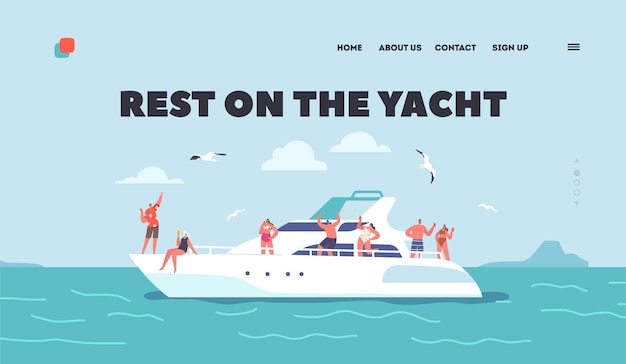 Vettore riposa sul modello di pagina di destinazione dello yacht vacanze estive crociera sul mare giovani che si rilassano su uno yacht di lusso all'oceano