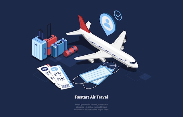 Restart air travel illustration in cartoon 3d style